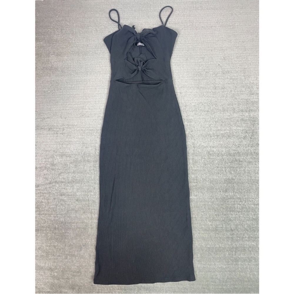 Reformation Knit Dress Small Black Midi Front Tie Cut Out Sexy LBD Bodycon